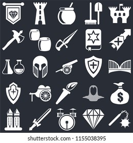 Set Of 25 icons such as Morning star, Jewelry, Drum, Sword, Tower, Lance, Shield, Torch, Axe, Cauldron, Tower on black background, web UI editable icon pack