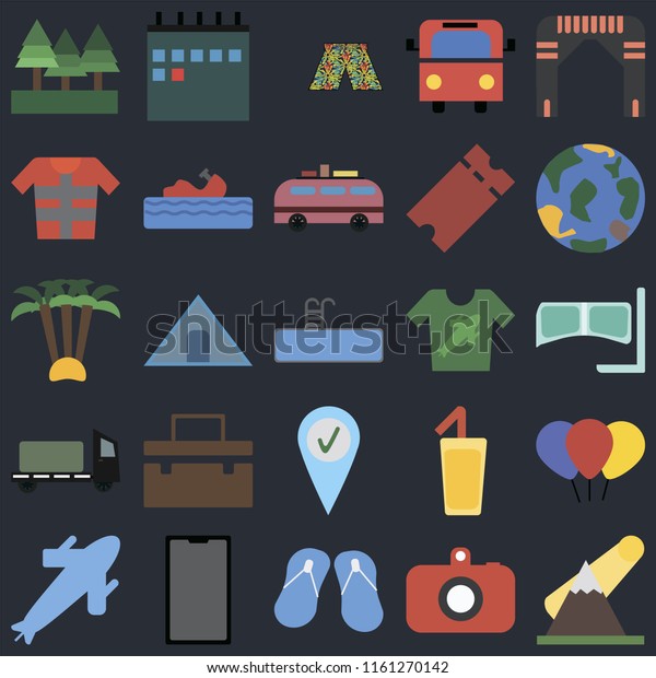 Set Of 25\
icons such as Mountains, Camera, Flip flops, Phone, Plane, Globe,\
Shirt, Check in, Trailer, Lifejacket, Swimsuit, Calendar on black\
background, web UI editable icon\
pack