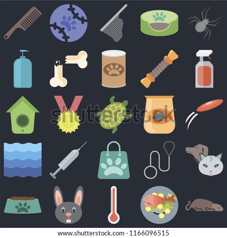 Set Of 25 icons such as Mouse, Fish food, Thermometer, Rabbit, Bowl, Spray, Cat Shopping bag, Water, Shampoo, Net, Tennis on black background, web UI editable icon pack