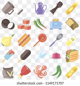 Set Of 25 icons such as Mustard, Peas, Octopus, Ham, Flour, Bread, Whisk, Glass, Ice cream, Coconut, Teapot, Fork, web UI transparent icon pack, pixel perfect