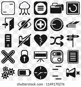 Set Of 25 icons such as Mute, Lines, Clock, Battery, Settings, Notebook, Shuffle, Television, Multiply, Exit, Menu, Cloud computing, web UI transparent icon pack, pixel perfect