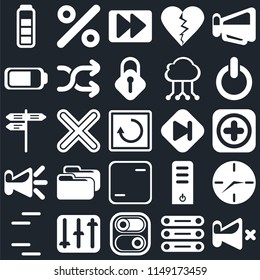 Set Of 25 icons such as Mute, Database, Switch, Controls, Lines, Skip, Frame, Speaker, Battery, Fast forward, Percent, web UI editable icon pack, pixel perfect