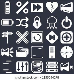 Set Of 25 icons such as Mute, Database, Switch, Controls, Lines, Skip, Frame, Speaker, Battery, Fast forward, Percent on black background, web UI editable icon pack