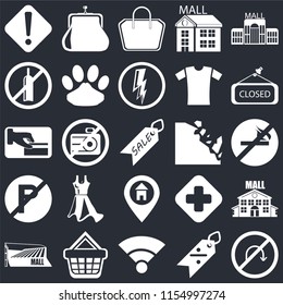 Set Of 25 icons such as No turn, Discount, Wifi, Shopping basket, Mall, Closed, Falling rocks, Location, parking, alcohol, Tote bag, Purse on black background, web UI editable icon pack