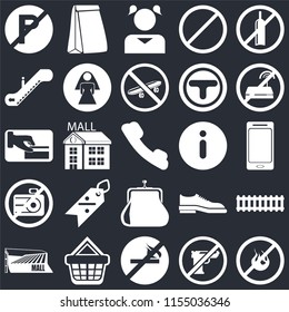 Set Of 25 Icons Such As No Fire, Gun, Smoking, Shopping Basket, Mall, Wifi, Information, Purse, Camera, Escalator, Girl, Paper Bag On Black Background, Web UI Editable Icon Pack