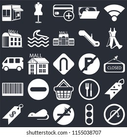 Set Of 25 icons such as No turn, Traffic light, smoking, Rats, Price, Dress, parking, Shopping basket, Barcode, Mall, Cit card, Mannequin on black background, web UI editable icon pack