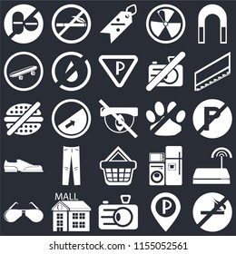 Set Of 25 icons such as No smoking, Parking, Camera, Mall, Glasses, Stairs, pets, Shopping basket, Shoes, Skateboard, Discount, smoking on black background, web UI editable icon pack
