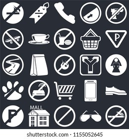 Set Of 25 icons such as No smoking, Glasses, Forbidden, Mall, parking, Parking, Junction, Shopping cart, pets, Skateboard, Telephone, Discount on black background, web UI editable icon pack
