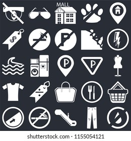Set Of 25 icons such as No water, Jeans, Escalator, smoking, Slope, Electricity, Parking, Tote bag, Shirt, Price, Mall, Glasses on black background, web UI editable icon pack