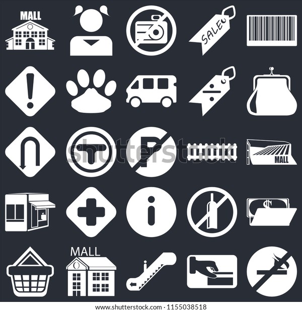 Set\
Of 25 icons such as No smoking, Card payment, Escalator, Mall,\
Shopping basket, Purse, Train, Information, Store, Warning, camera,\
Girl on black background, web UI editable icon\
pack