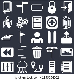 Set Of 25 icons such as Note, Server, Placeholders, Cloud computing, Controls, Fingerprint, Pause, Garbage, Rewind, Map, Battery, on black background, web UI editable icon pack