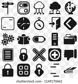 Set Of 25 icons such as Notebook, Lines, Unlocked, Menu, Locked, Back, Server, Multiply, Note, Frame, Cloud computing, Switch, web UI transparent icon pack, pixel perfect