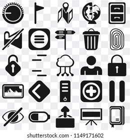 Set Of 25 icons such as Notebook, Television, Upload, Battery, Hide, Fingerprint, User, Server, Photos, Muted, Map, Flag, web UI transparent icon pack, pixel perfect