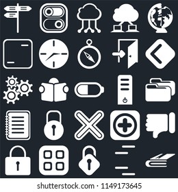 Set Of 25 icons such as Notebook, Lines, Unlocked, Menu, Locked, Back, Server, Multiply, Note, Frame, Cloud computing, Switch, web UI editable icon pack, pixel perfect