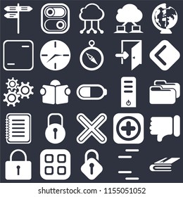Set Of 25 icons such as Notebook, Lines, Unlocked, Menu, Locked, Back, Server, Multiply, Note, Frame, Cloud computing, Switch on black background, web UI editable icon pack