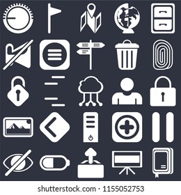 Set Of 25 icons such as Notebook, Television, Upload, Battery, Hide, Fingerprint, User, Server, Photos, Muted, Map, Flag on black background, web UI editable icon pack