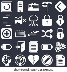 Set Of 25 icons such as Notepad, Forbidden, Dislike, Help, Worldwide, Unlocked, Shuffle, Note, Battery, Lines, Id card, Server on black background, web UI editable icon pack