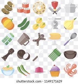 Set Of 25 icons such as Octopus, Cupcake, Jelly, Pepper, Pasta, Onion, Pancakes, Fork, Pumpkin, Doughnut, Sushi, web UI transparent icon pack, pixel perfect