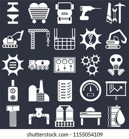 Set Of 25 icons such as Oil, Saw, Refinery, Pump, Bolt, Digger, Cogwheel, Planning, Switch, Excavator, Truck, Coal on black background, web UI editable icon pack