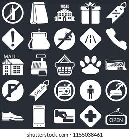Set Of 25 icons such as Open, Hospital, Card payment, Smartphone, Shoes, Telephone, Pet, No camera, parking, Warning, Mall, Paper bag on black background, web UI editable icon pack
