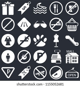 Set Of 25 icons such as Open, Slope, Skateboard, Discount, Parking, Shopping basket, Mannequin, No parking, Restroom, Forbidden, Wave, Price on black background, web UI editable icon pack