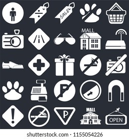Set Of 25 icons such as Open, Mall, Parking, No smoking, Warning, Wifi, parking, Pet, Camera, Sale, Discount on black background, web UI editable icon pack