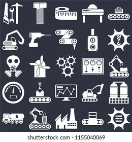 Set Of 25 icons such as Options, Conveyor, Factory, Tank truck, Machinery, Control panel, Stock, Gauge, Digger, Measure, Bolt on black background, web UI editable icon pack