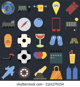 Set Of 25 icons such as Oxygen, Bag, Mountains, Helm, Plane, Beach volleyball, Flip flops, Balloon, Sunbed, Railway, Towel, Trailer on black background, web UI editable icon pack