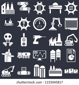 Set Of 25 icons such as Packages, Factory, Silo, Conveyor, Excavator, print, Stock, Mill, Settings, Robot arm on black background, web UI editable icon pack