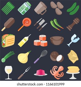 Set Of 25 icons such as Pancakes, Octopus, Jelly, Fork, Glass, Pepper, Bowl, Whisk, Chives, Ice cream, Mug, Pickles on black background, web UI editable icon pack