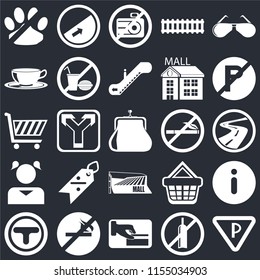 Set Of 25 icons such as Parking, No alcohol, Card payment, smoking, Junction, parking, Mall, Girl, Coffee cup, camera, Slope on black background, web UI editable icon pack