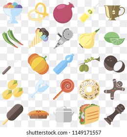 Set Of 25 icons such as Pepper, Taco, Pot, Pie, Ice cream, Lime, Olives, Jawbreaker, Pistachio, Pomegranate, Pretzel, web UI transparent icon pack, pixel perfect