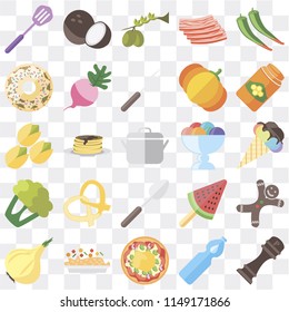 Set Of 25 icons such as Pepper, Water, Pizza, Risotto, Onion, Honey, Ice cream, Spoon, Cauliflower, Doughnut, Olives, Coconut, web UI transparent icon pack, pixel perfect