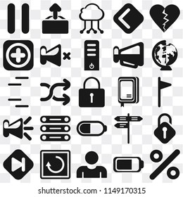 Set Of 25 icons such as Percent, Battery, User, Restart, Skip, Worldwide, Notebook, Speaker, Add, Cloud computing, Upload, web UI transparent icon pack, pixel perfect