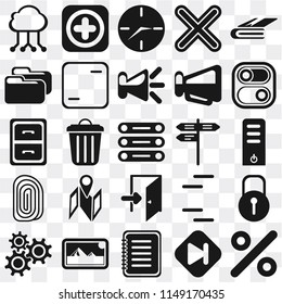 Set Of 25 icons such as Percent, Skip, Note, Photos, Settings, Switch, Street, Exit, Fingerprint, Folder, Clock, Add, web UI transparent icon pack, pixel perfect