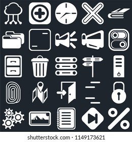 Set Of 25 icons such as Percent, Skip, Note, Photos, Settings, Switch, Street, Exit, Fingerprint, Folder, Clock, Add, web UI editable icon pack, pixel perfect