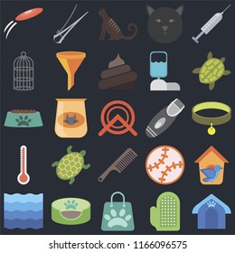 Set Of 25 icons such as Pet house, Glove, Shopping bag, bed, Water, Turtle, Razor, Comb, Thermometer, Cage, Cat, Nail trimmer on black background, web UI editable icon pack