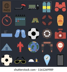 Set Of 25 icons such as Phone, Check in, Room service, Sunglasses, Ball, Sun protection, Helm, Globe, Tent, Time, Trailer, Sunbed on black background, web UI editable icon pack