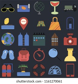 Set Of 25 icons such as Phone, Igloo, Lifebuoy, Island, Aqualung, Bellhop, Hotel, Time, Flip flops, Parasailing, Globe, Map on black background, web UI editable icon pack