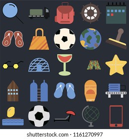 Set Of 25 icons such as Phone, Globe, Sunbed, Ball, Parasailing, Stamp, Swimsuit, Flip flops, Hotel, Backpack, Trailer on black background, web UI editable icon pack