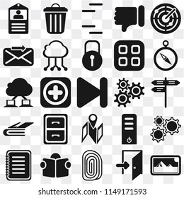 Set Of 25 icons such as Photos, Exit, Fingerprint, Reading, Note, Compass, Settings, Map, Notebook, Send, Lines, Garbage, web UI transparent icon pack, pixel perfect