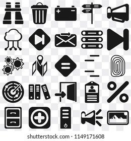 Set Of 25 icons such as Photos, Speaker, Server, Add, Archive, Next, Lines, Exit, Radar, Cloud computing, Battery, Garbage, web UI transparent icon pack, pixel perfect