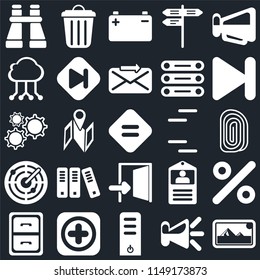 Set Of 25 icons such as Photos, Speaker, Server, Add, Archive, Next, Lines, Exit, Radar, Cloud computing, Battery, Garbage, web UI editable icon pack, pixel perfect