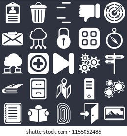Set Of 25 icons such as Photos, Exit, Fingerprint, Reading, Note, Compass, Settings, Map, Notebook, Send, Lines, Garbage on black background, web UI editable icon pack