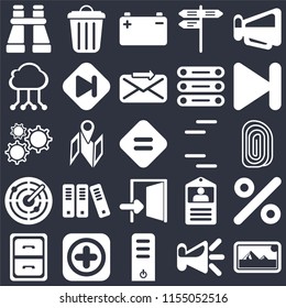 Set Of 25 icons such as Photos, Speaker, Server, Add, Archive, Next, Lines, Exit, Radar, Cloud computing, Battery, Garbage on black background, web UI editable icon pack