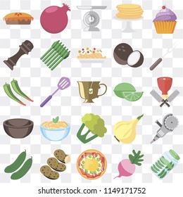 Set Of 25 icons such as Pickles, Radish, Pizza, Potatoes, Cucumber, Fork, Lime, Cauliflower, Bowl, Pepper, Scale, Pomegranate, web UI transparent icon pack, pixel perfect