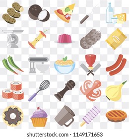 Set Of 25 icons such as Pie, Ice cream, Mug, Cupcake, Doughnut, Chips, Butcher, Pepper, Sushi, Scale, Pizza, Coconut, web UI transparent icon pack, pixel perfect