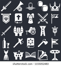 Set Of 25 icons such as Pillory, Crossbow, Bridge, Castle, Gown, Flag, Tower, Spellbook, Wine, Standard, Coif, Fanfare on black background, web UI editable icon pack