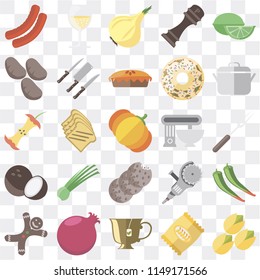Set Of 25 icons such as Pistachio, Chips, Tea, Pomegranate, Gingerbread, Pot, Mixer, Cookies, Coconut, Potatoes, Onion, Glass, web UI transparent icon pack, pixel perfect