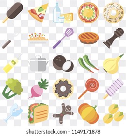 Set Of 25 icons such as Pistachio, Pumpkin, Gingerbread, Taco, Glass, Pepper, Doughnut, Cauliflower, Fork, Dairy, Pizza, web UI transparent icon pack, pixel perfect